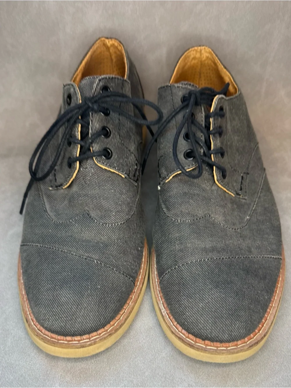 TOMS Men’s Brogue Wingtip Oxford Shoes Black Gray Chambray Lace Up Size 12